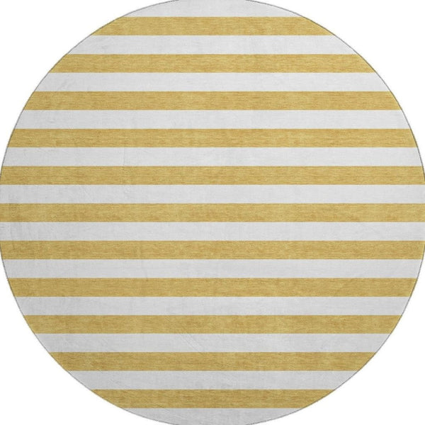 HomeRoots 8' Gold and Ivory Striped Round Rug - Washable, UV-Protected, Stylish, and Stain Resistant for Homes 647581
