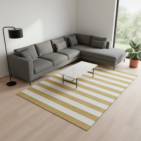 HomeRoots 8' X 10' Gold and Ivory Striped Washable Area Rug - Durable, UV-Protected, Stylish for Every Space 647582
