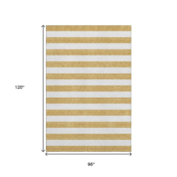 HomeRoots 8' X 10' Gold and Ivory Striped Washable Area Rug - Durable, UV-Protected, Stylish for Every Space 647582