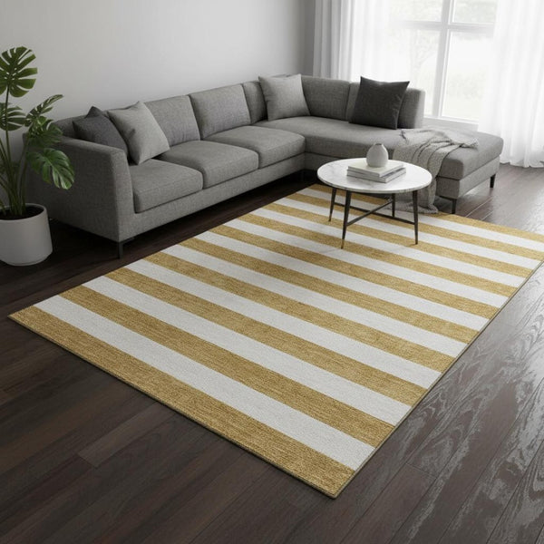 HomeRoots 9' X 12' Gold And Ivory Striped Area Rug – Washable, UV-Protected, Stylish & Durable for Every Home 647583