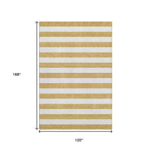 HomeRoots 10' X 14' Gold and Ivory Striped Area Rug - Durable, Washable, UV-Protected for High-Traffic Spaces 647584