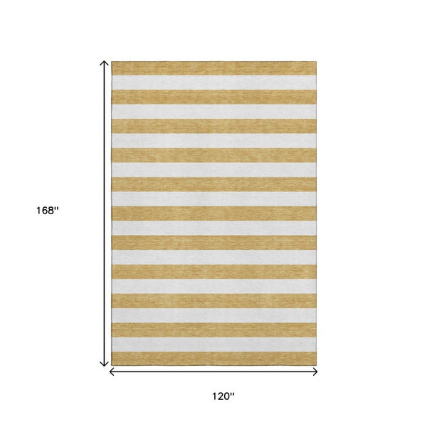 HomeRoots 10' X 14' Gold and Ivory Striped Area Rug - Durable, Washable, UV-Protected for High-Traffic Spaces 647584