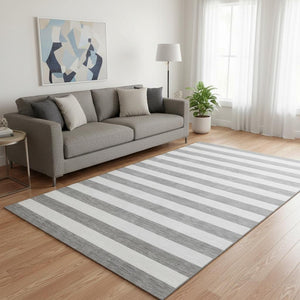 HomeRoots 5' X 8' Gray and Ivory Striped Washable Area Rug - Durable, UV-Protected Design for Cozy Spaces! 647586