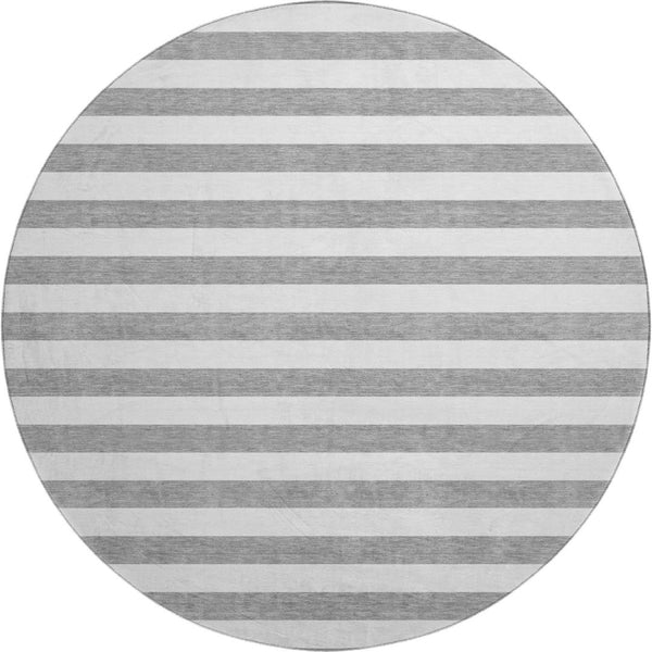 HomeRoots 8' Gray and Ivory Striped Washable Round Rug - Durable, Stylish, UV-Protected, Perfect for Homes! 647587