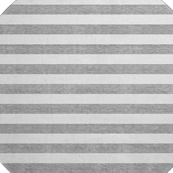 HomeRoots 8' Gray and Ivory Striped Washable Round Rug - Durable, Stylish, UV-Protected, Perfect for Homes! 647587