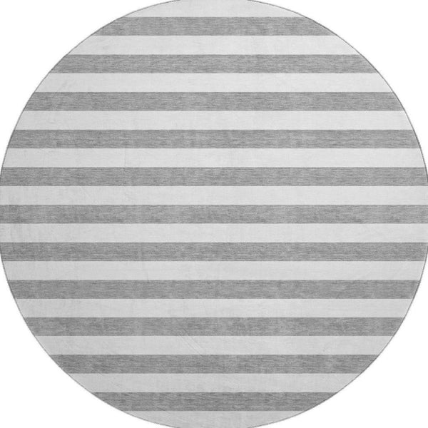 HomeRoots 8' Gray and Ivory Striped Washable Round Rug - Durable, Stylish, UV-Protected, Perfect for Homes! 647587