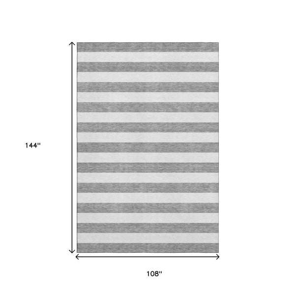 HomeRoots 9' X 12' Gray And Ivory Striped Washable Area Rug - Durable, UV Protected, Family-Friendly Design! 647589