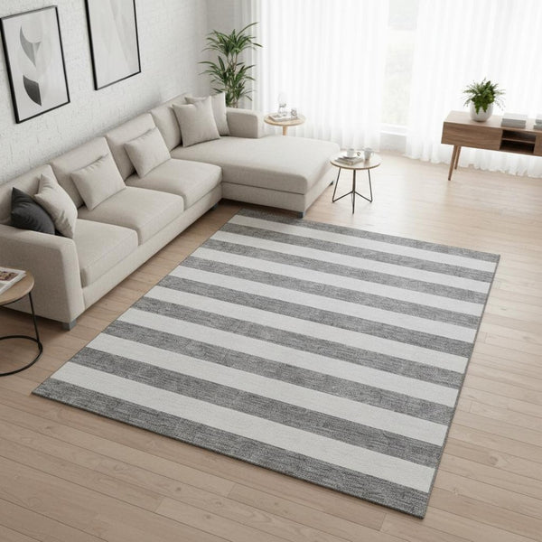 HomeRoots 10' Gray and Ivory Striped Washable Area Rug – Durable, Stain-Resistant with UV Protection for Style 647590