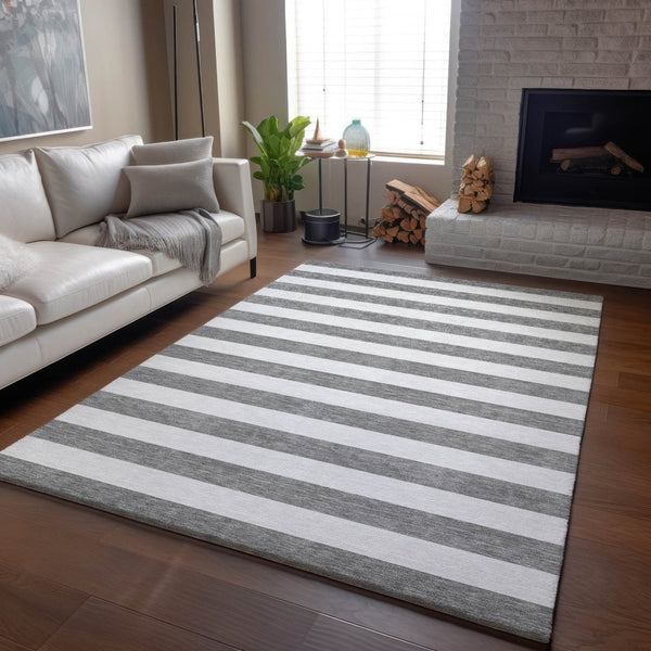 HomeRoots 10' Gray and Ivory Striped Washable Area Rug – Durable, Stain-Resistant with UV Protection for Style 647590