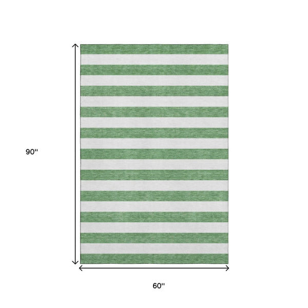 HomeRoots 5' X 8' Washable Area Rug in Green and Ivory Stripes – Stain Resistant, UV Protected, Durable Design 647592