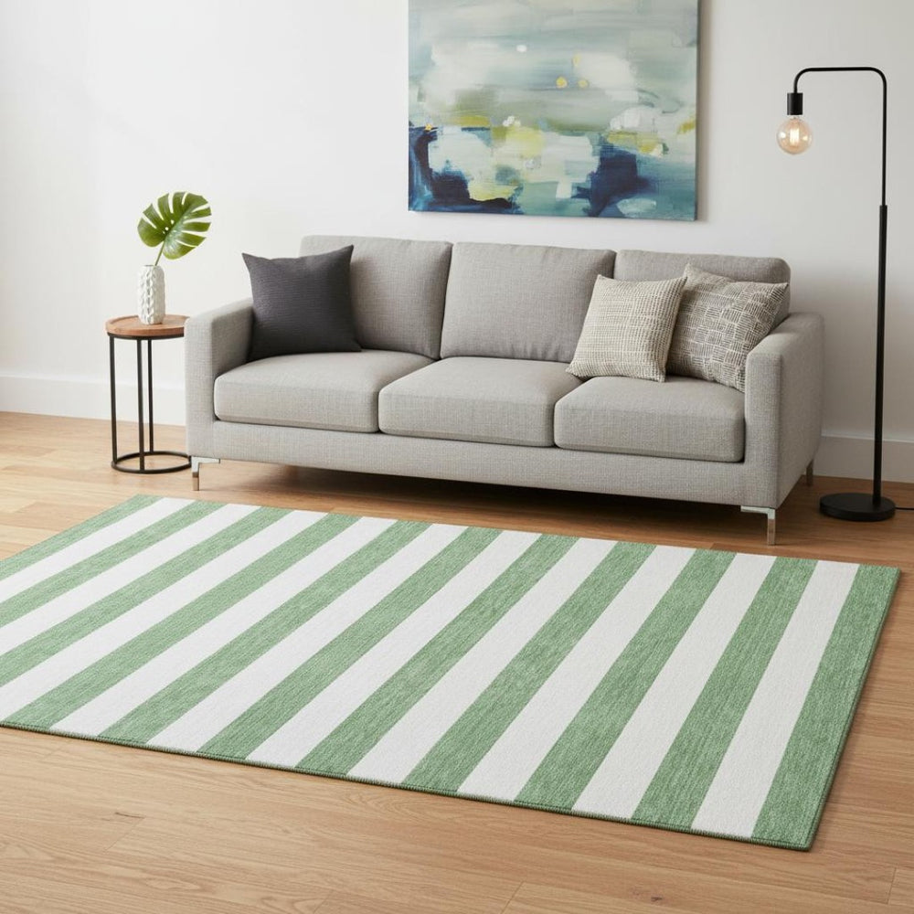 HomeRoots 5' X 8' Washable Area Rug in Green and Ivory Stripes – Stain Resistant, UV Protected, Durable Design 647592