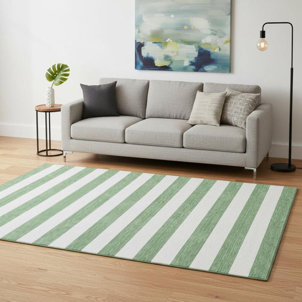 HomeRoots 5' X 8' Washable Area Rug in Green and Ivory Stripes – Stain Resistant, UV Protected, Durable Design 647592
