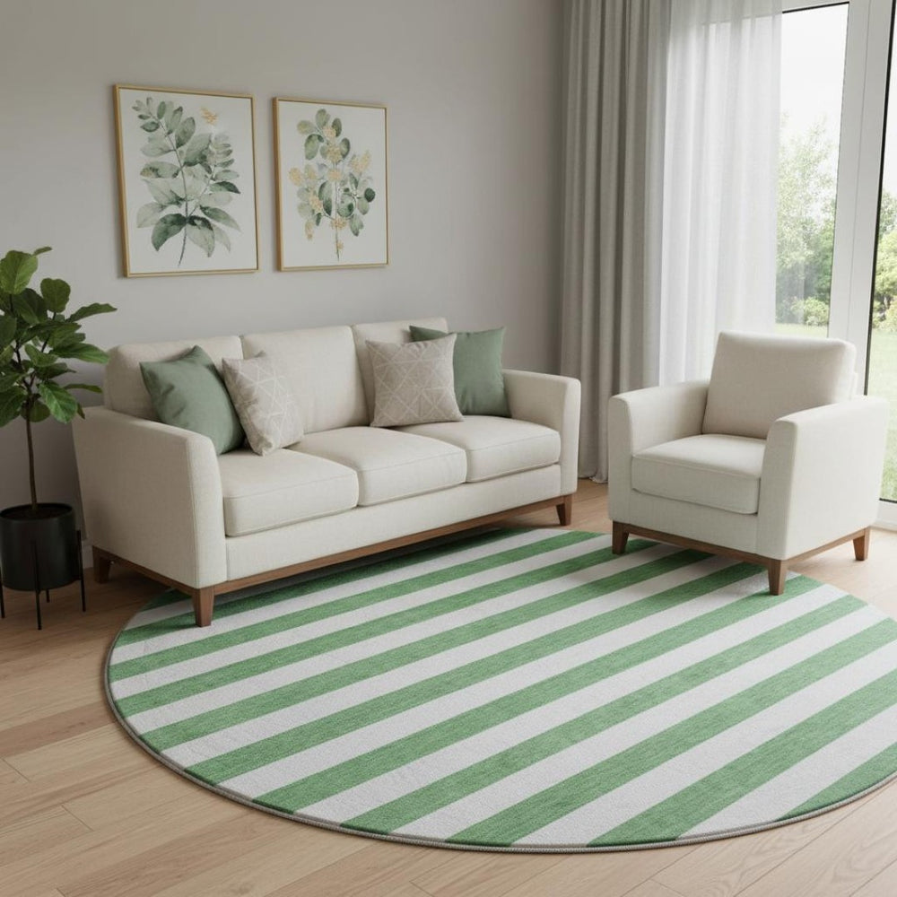 HomeRoots 8' Striped Washable Round Rug in Green and Ivory - Durable, UV-Protected, Ideal for Family Spaces 647593
