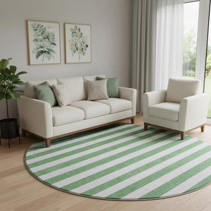 HomeRoots 8' Striped Washable Round Rug in Green and Ivory - Durable, UV-Protected, Ideal for Family Spaces 647593