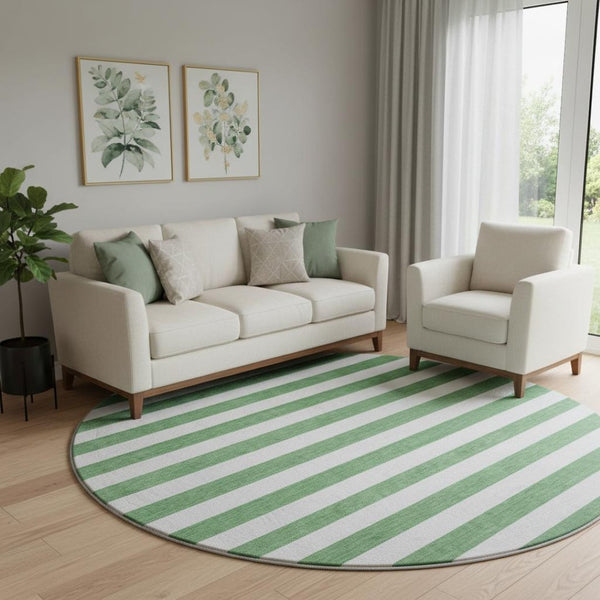 HomeRoots 8' Striped Washable Round Rug in Green and Ivory - Durable, UV-Protected, Ideal for Family Spaces 647593