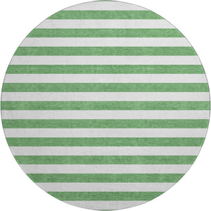 HomeRoots 8' Striped Washable Round Rug in Green and Ivory - Durable, UV-Protected, Ideal for Family Spaces 647593
