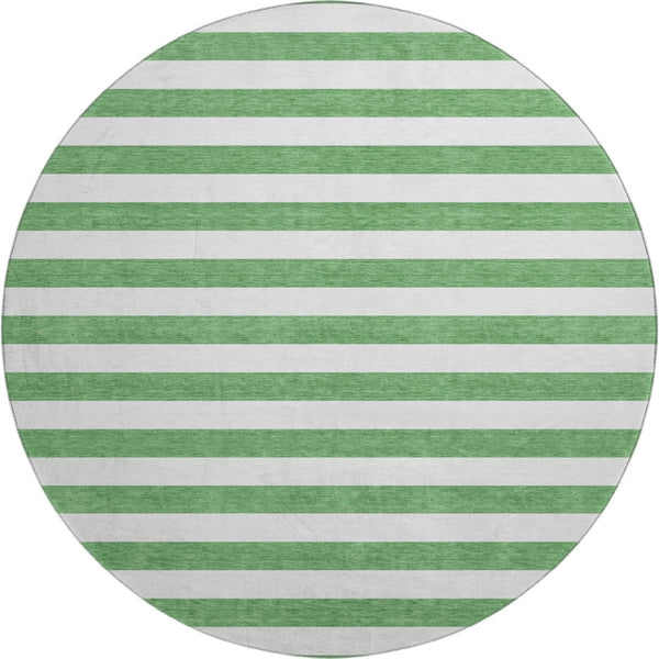 HomeRoots 8' Striped Washable Round Rug in Green and Ivory - Durable, UV-Protected, Ideal for Family Spaces 647593