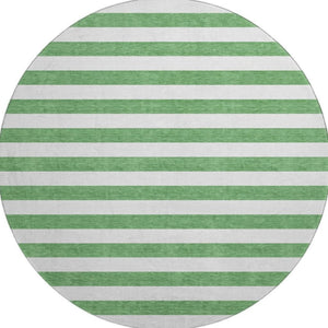 HomeRoots 8' Striped Washable Round Rug in Green and Ivory - Durable, UV-Protected, Ideal for Family Spaces 647593