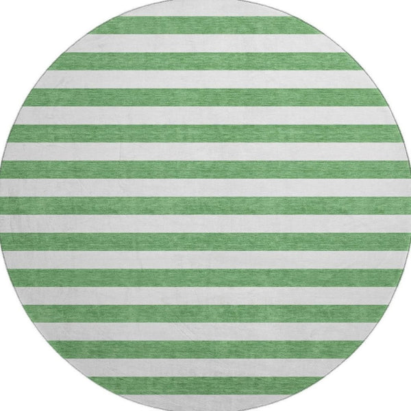 HomeRoots 8' Striped Washable Round Rug in Green and Ivory - Durable, UV-Protected, Ideal for Family Spaces 647593