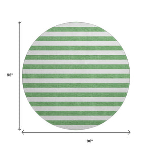 HomeRoots 8' Striped Washable Round Rug in Green and Ivory - Durable, UV-Protected, Ideal for Family Spaces 647593