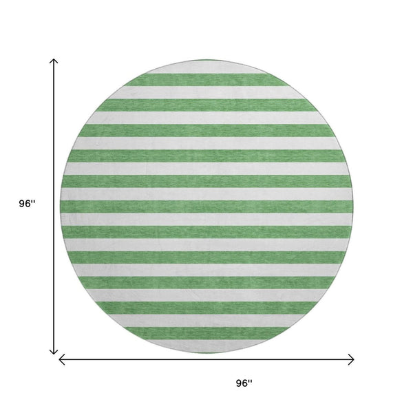HomeRoots 8' Striped Washable Round Rug in Green and Ivory - Durable, UV-Protected, Ideal for Family Spaces 647593