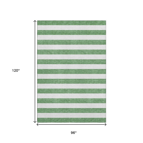 HomeRoots 8' X 10' Green And Ivory Striped Washable Area Rug - Stain Resistant, UV Protected for Family Spaces 647594