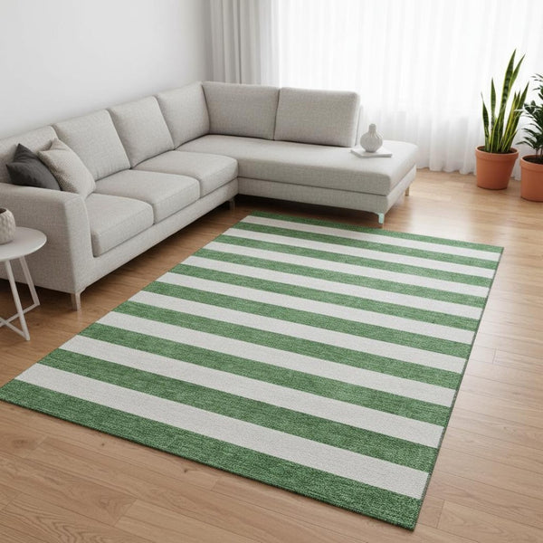 HomeRoots 8' X 10' Green And Ivory Striped Washable Area Rug - Stain Resistant, UV Protected for Family Spaces 647594
