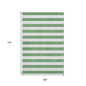HomeRoots 9' X 12' Green And Ivory Striped Area Rug – Washable, Stain Resistant, UV Protected for Everyday Use 647595