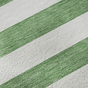 HomeRoots 9' X 12' Green And Ivory Striped Area Rug – Washable, Stain Resistant, UV Protected for Everyday Use 647595