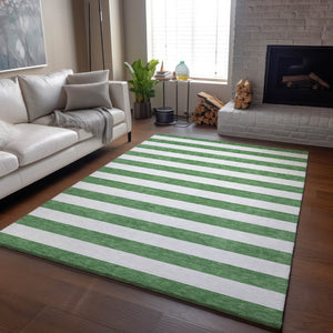 HomeRoots 9' X 12' Green And Ivory Striped Area Rug – Washable, Stain Resistant, UV Protected for Everyday Use 647595