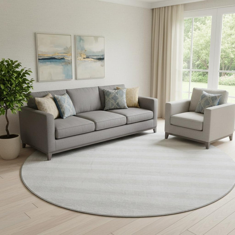 HomeRoots 8' Ivory and Gray Striped Washable Round Rug - Durable, Stain-Resistant, UV Protected for Homes 647599