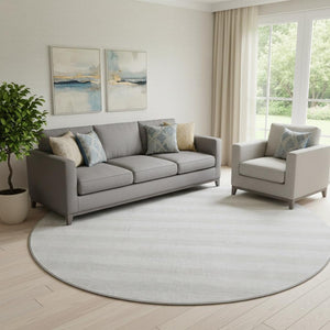 HomeRoots 8' Ivory and Gray Striped Washable Round Rug - Durable, Stain-Resistant, UV Protected for Homes 647599