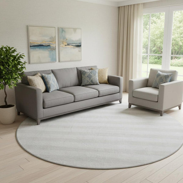HomeRoots 8' Ivory and Gray Striped Washable Round Rug - Durable, Stain-Resistant, UV Protected for Homes 647599