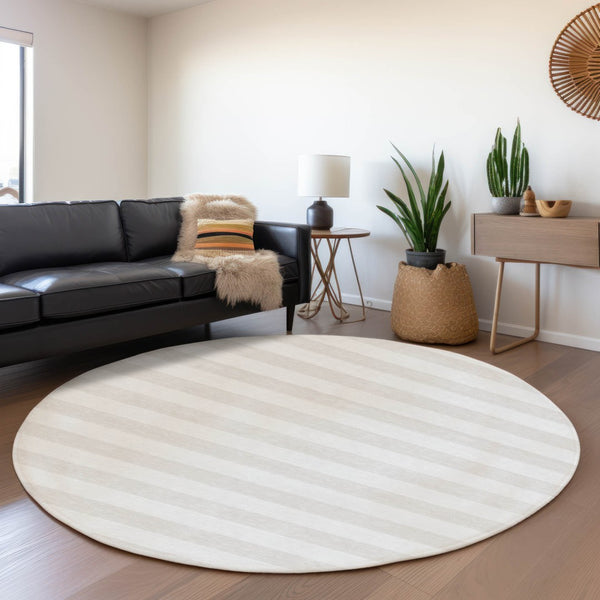 HomeRoots 8' Ivory and Gray Striped Washable Round Rug - Durable, Stain-Resistant, UV Protected for Homes 647599