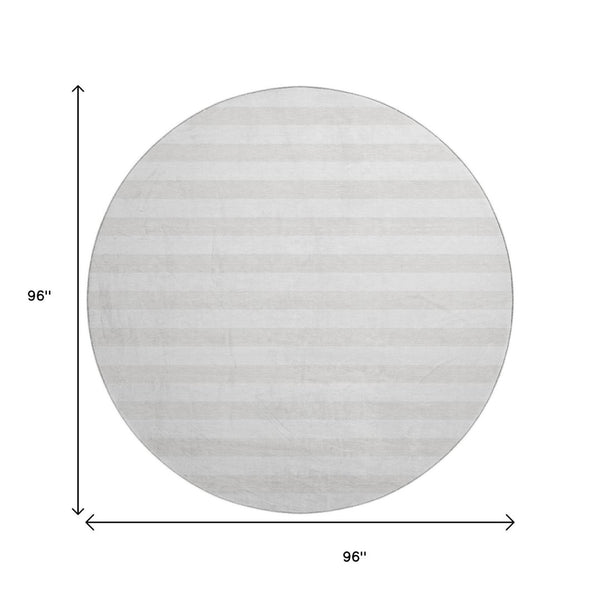 HomeRoots 8' Ivory and Gray Striped Washable Round Rug - Durable, Stain-Resistant, UV Protected for Homes 647599