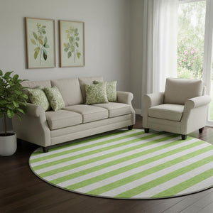 HomeRoots 8' Lime Green and Ivory Striped Round Rug - Washable, Durable, UV Protected for Modern Spaces 647605