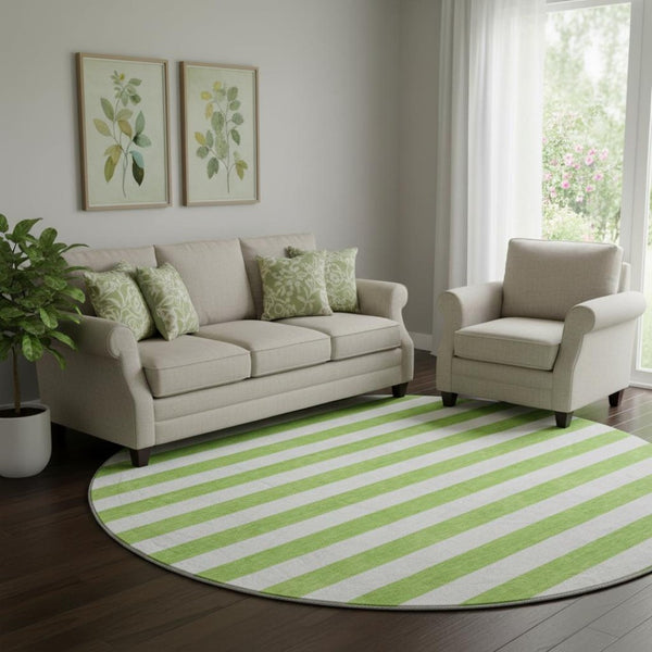 HomeRoots 8' Lime Green and Ivory Striped Round Rug - Washable, Durable, UV Protected for Modern Spaces 647605