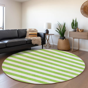 HomeRoots 8' Lime Green and Ivory Striped Round Rug - Washable, Durable, UV Protected for Modern Spaces 647605