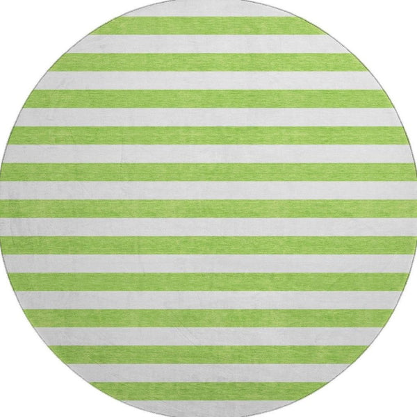 HomeRoots 8' Lime Green and Ivory Striped Round Rug - Washable, Durable, UV Protected for Modern Spaces 647605