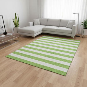 HomeRoots 9' X 12' Lime Green Striped Area Rug - Washable, UV-Protected, Durable for Kids & Pets, Stylish Design 647607