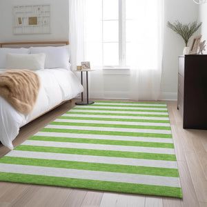 HomeRoots 9' X 12' Lime Green Striped Area Rug - Washable, UV-Protected, Durable for Kids & Pets, Stylish Design 647607