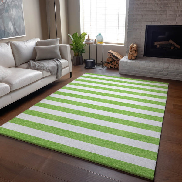 HomeRoots 9' X 12' Lime Green Striped Area Rug - Washable, UV-Protected, Durable for Kids & Pets, Stylish Design 647607