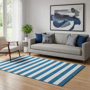 HomeRoots 5' X 8' Navy Blue & Ivory Striped Area Rug - Durable, Stain Resistant, UV Protected for Indoor Use 647610
