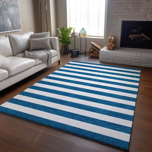 HomeRoots 5' X 8' Navy Blue & Ivory Striped Area Rug - Durable, Stain Resistant, UV Protected for Indoor Use 647610
