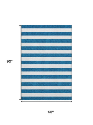 HomeRoots 5' X 8' Navy Blue & Ivory Striped Area Rug - Durable, Stain Resistant, UV Protected for Indoor Use 647610