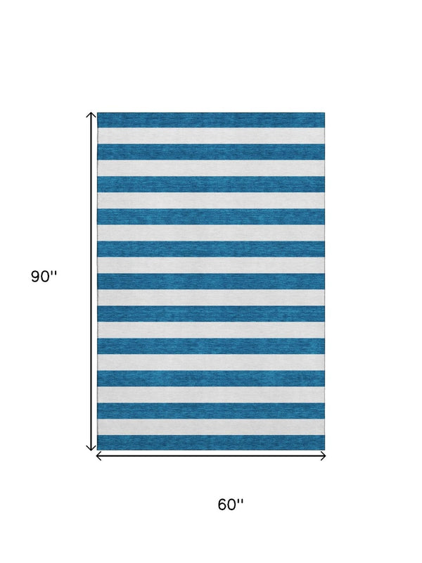 HomeRoots 5' X 8' Navy Blue & Ivory Striped Area Rug - Durable, Stain Resistant, UV Protected for Indoor Use 647610