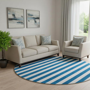 HomeRoots 8' Navy Blue And Ivory Striped Washable Round Rug - Stain Resistant, UV Protected, Easy-Care Design 647611