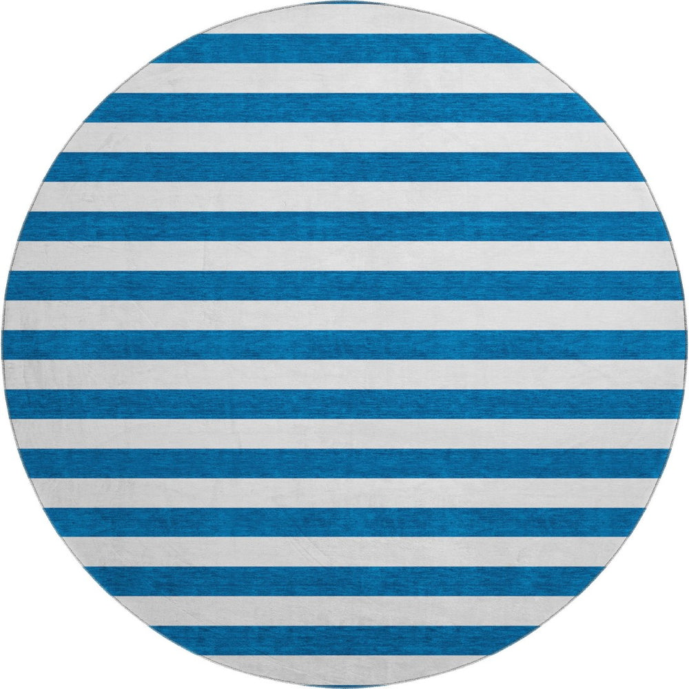 HomeRoots 8' Navy Blue And Ivory Striped Washable Round Rug - Stain Resistant, UV Protected, Easy-Care Design 647611
