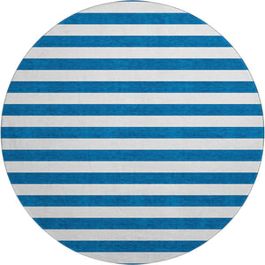 HomeRoots 8' Navy Blue And Ivory Striped Washable Round Rug - Stain Resistant, UV Protected, Easy-Care Design 647611