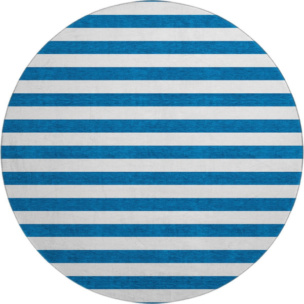 HomeRoots 8' Navy Blue And Ivory Striped Washable Round Rug - Stain Resistant, UV Protected, Easy-Care Design 647611